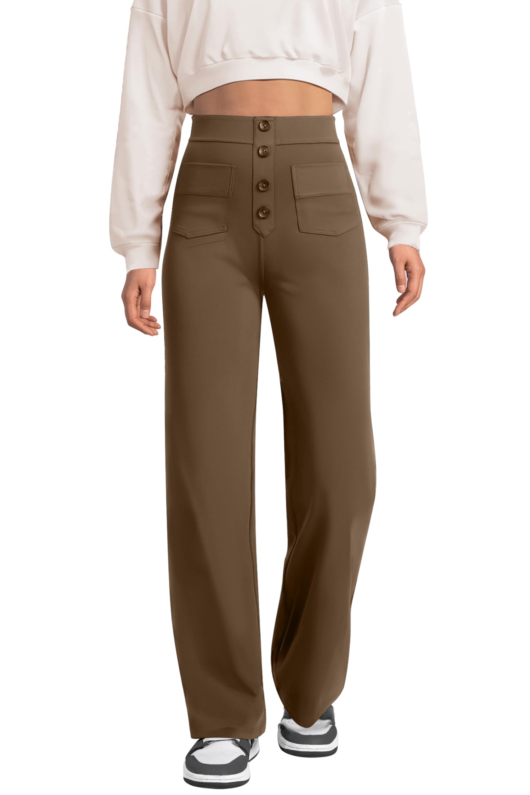 keriffe Women's Straight Leg Pants High Waisted Button Stretchy Business Work Dress Casual Trousers Multiple Pockets