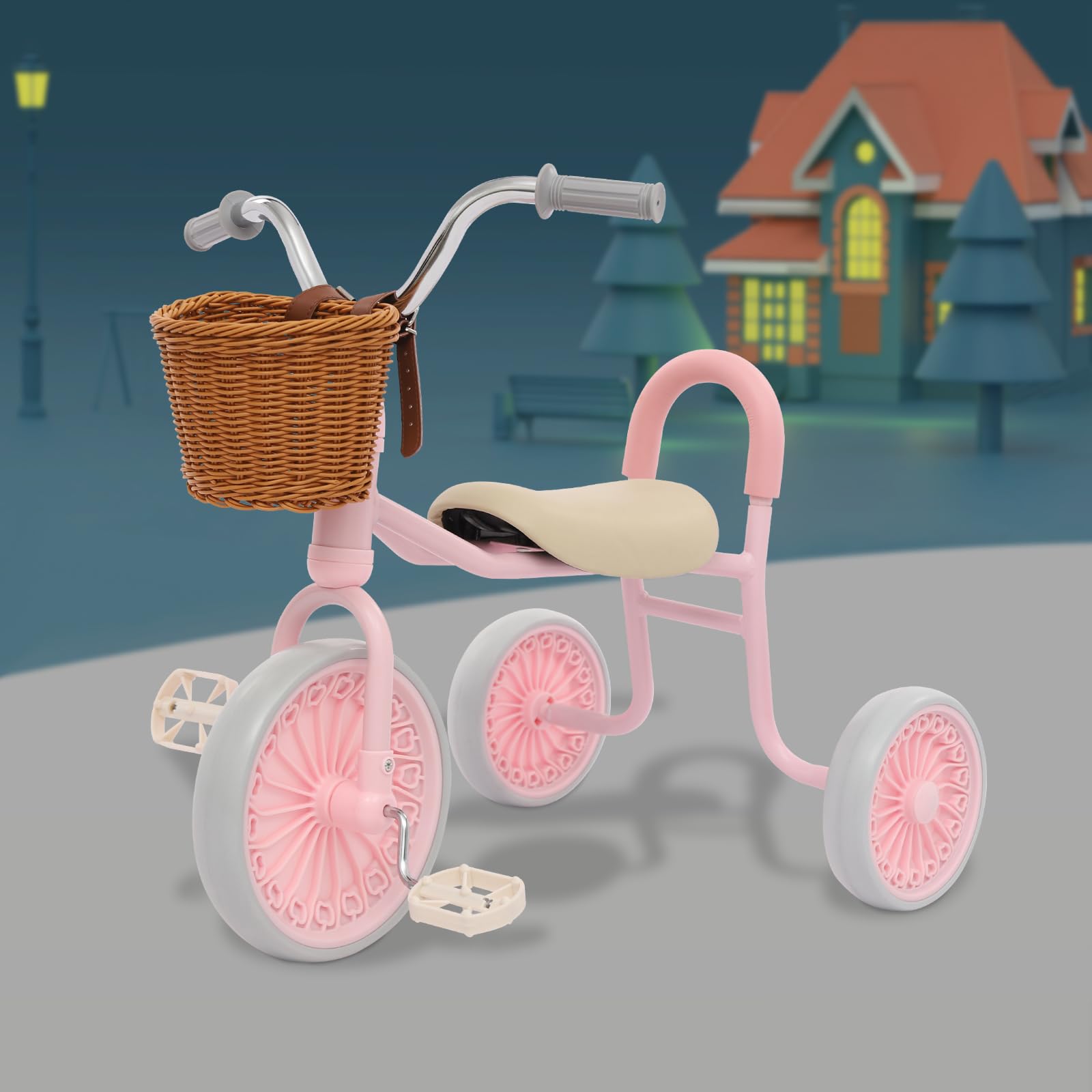 Triciclo infantil retro con aspecto de ratán, triciclo regulable en altura con barra deslizante y barra de seguridad, pedales antideslizantes, ruedas silenciosas para niños y niñas a partir de 2-6