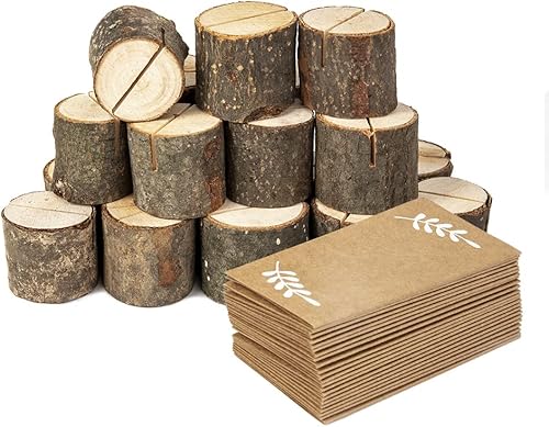 20 soportes de madera para tarjetas de lugar y 24 tarjetas de mesa de papel de estraza, soportes rústicos para números de mesa, etiquetas de
