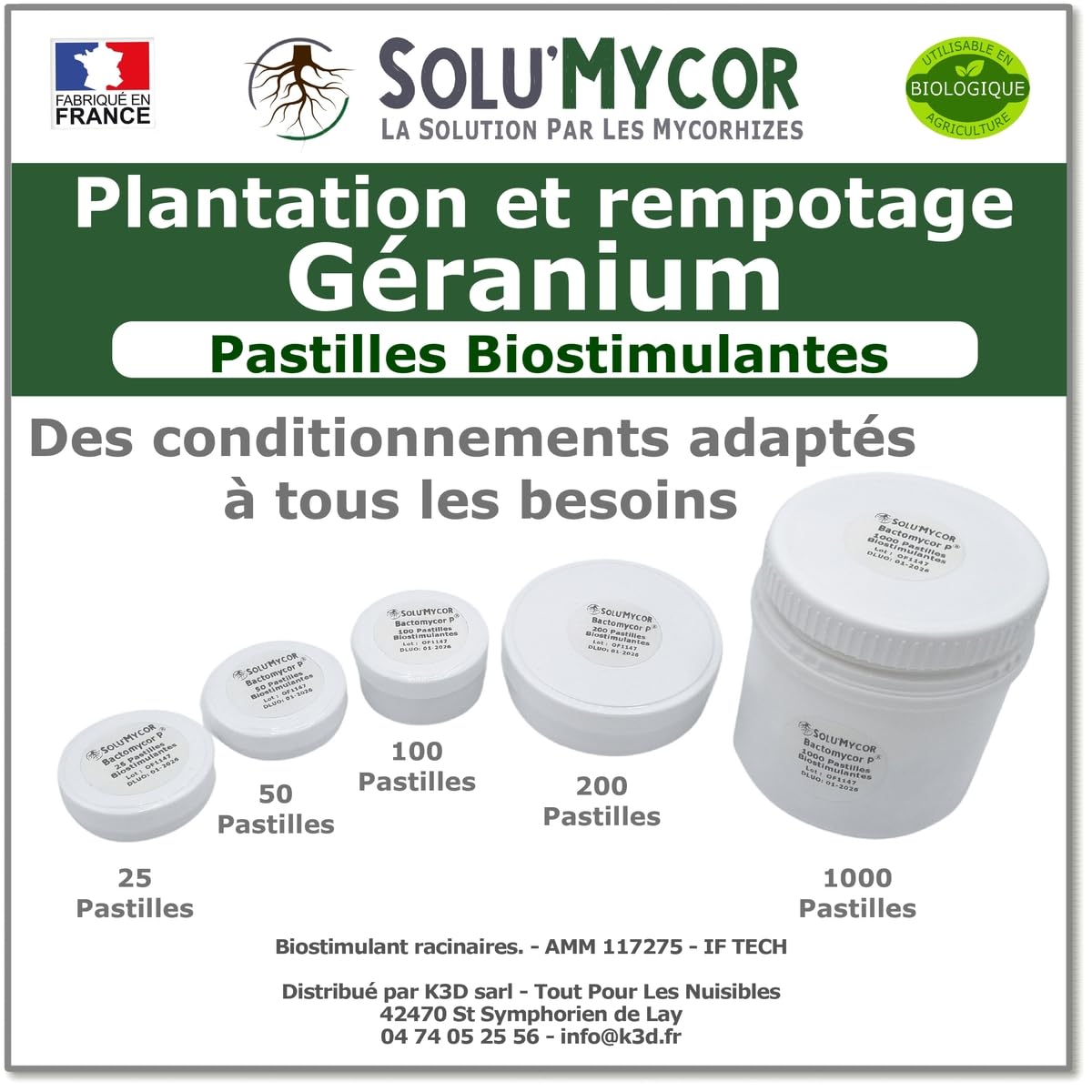 SoluMycor – 200 Pastilles Biostimulantes Géraniums – Idéal pour Semis & Plantation – Mycorhizes & Bactéries Azospirillum – Favorise le Développement Racinaire – Fabriqué en France