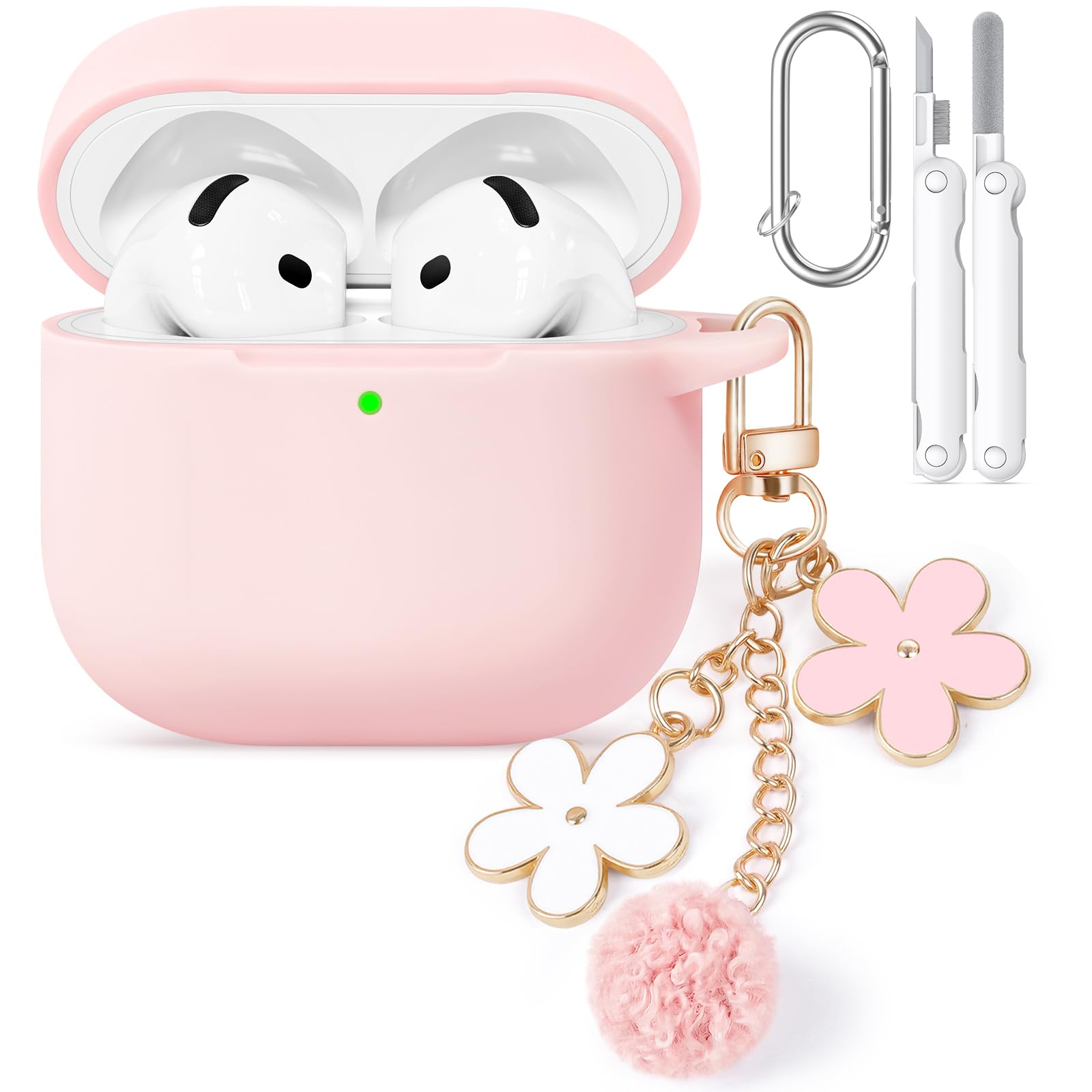 for AirPods 4 Case Cover, Soft Pink Silicone Protective Shell Compatible with Apple AirPods 4th Generation Case for Women Girly, iPod 4 Case with Flower Chain,Keychain and Cleaner Kit - Pink - 1