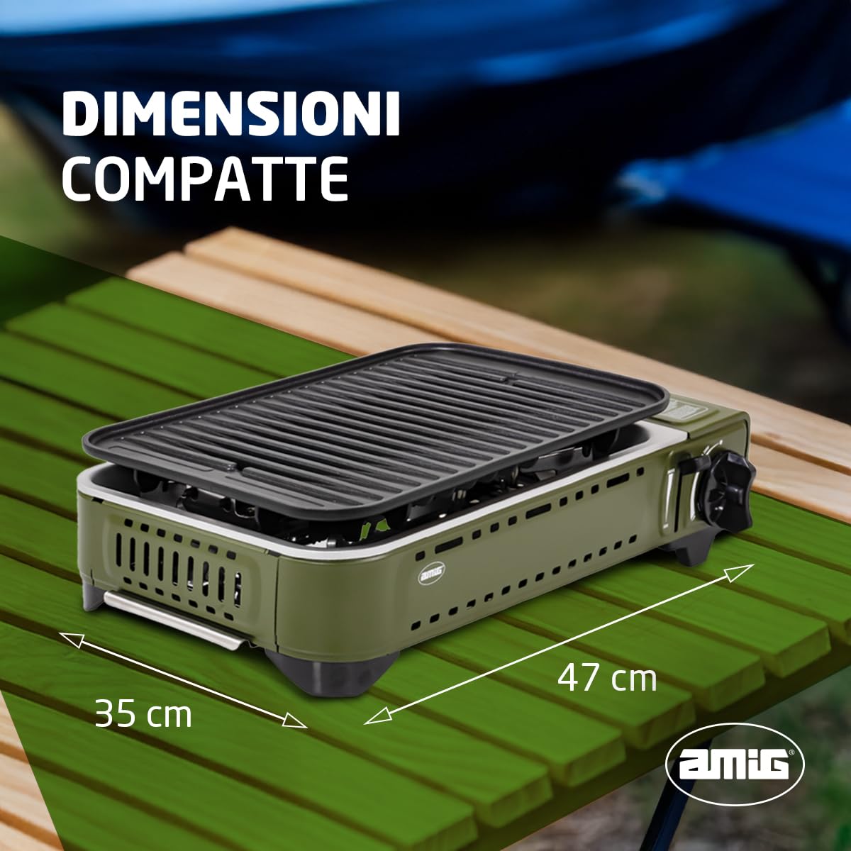 Amig - Cucina a gas da campeggio BBQK01- Kit fornello grill portatile - Griglia in alluminio pressofuso + piastra con coperchio di cottura - Vaschetta raccogli grasso - 1,8 kW - Cartucce B-250