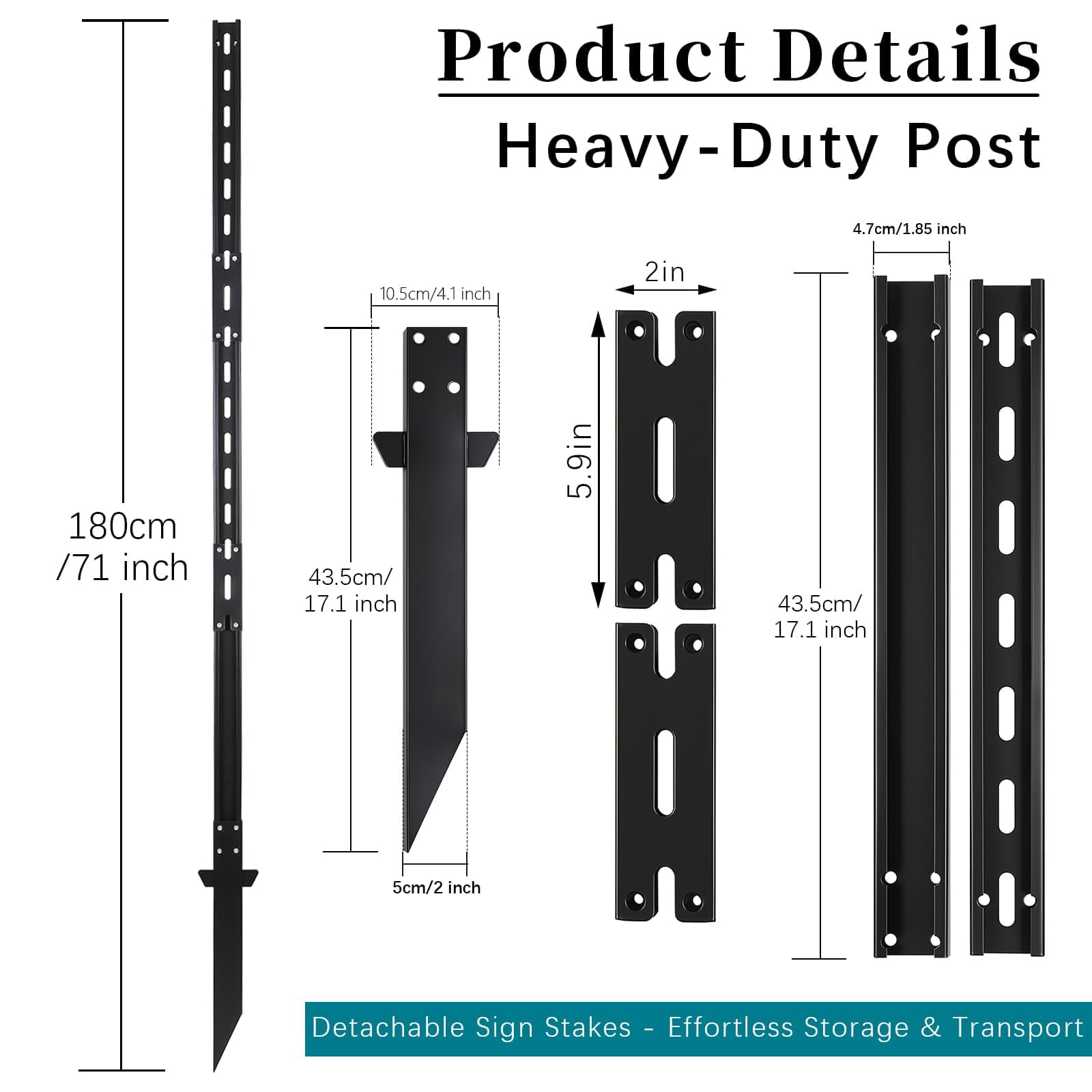 Poste de cartel, estaca de metal, soporte de letreros resistente, poste de letreros con agujeros, estaca de patio resistente al óxido y duradera para suelo exterior (negro, 1,8 m x 1)