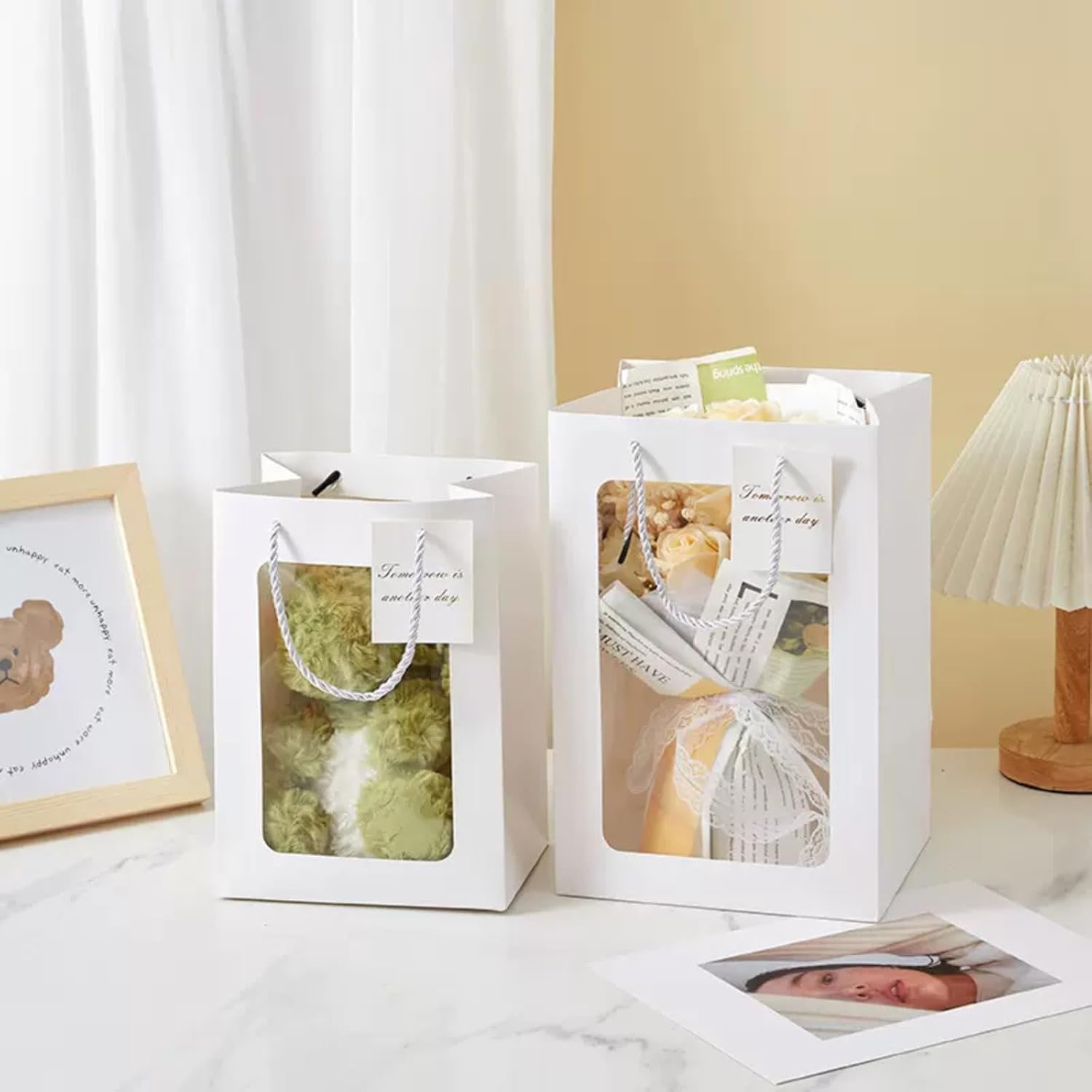 ZENFUN 24 Pack White Kraft Paper Bags with Handles, Gift Shopping Bags with Transparent Window, Paper Gift Bags for Thanksgiving Christmas Birthday Wedding, Multisizes - Image 8