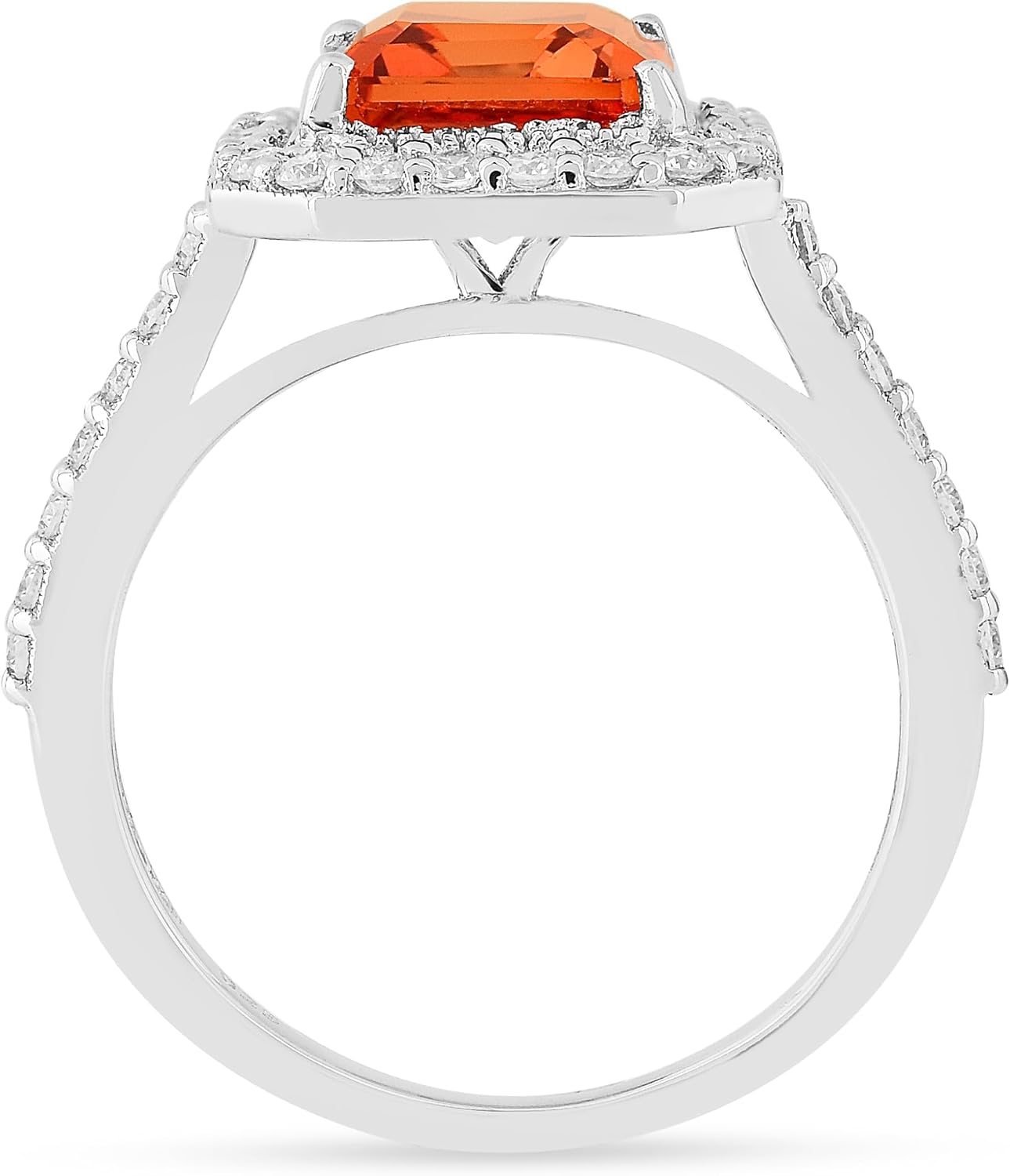 Fine Color Jewels Peach Padparadscha Sapphire Octagon Ring For Women - Lab Grown Peach Sapphire Halo Sterling Silver Emerald Cut Pave Engagement Ring For Her