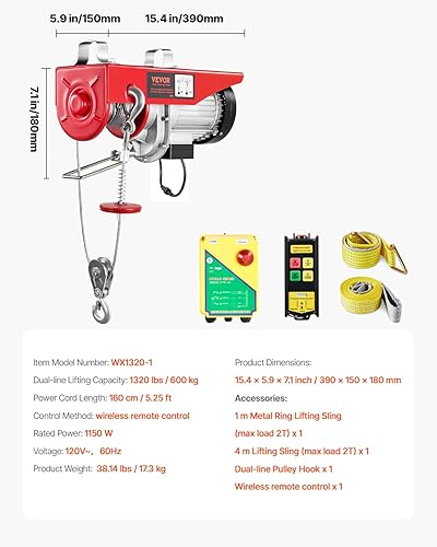 Miniatura 7 de VEVOR Polipasto eléctrico inalámbrico de 1320 libras, cabrestante de alambre de acero eléctrico de 1150 W 110 V con control remoto inalámbrico
