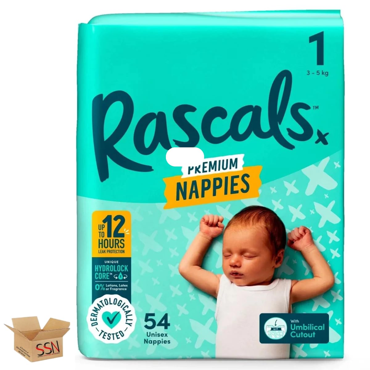 Rascal's Premium Size 1 Nappies, Ultra-Absorbent, for Newborn 54