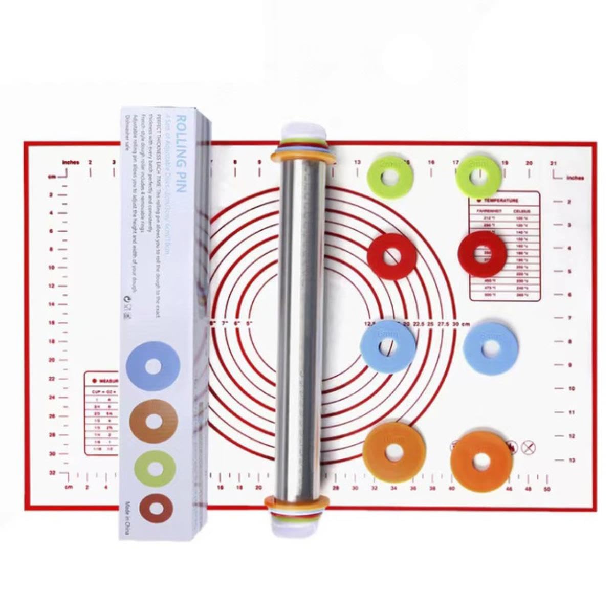 Juego de rodillos y alfombrillas de silicona para hornear pasteles, rodillo de masa de acero inoxidable, rodillos con anillos de espesor ajustables-traje