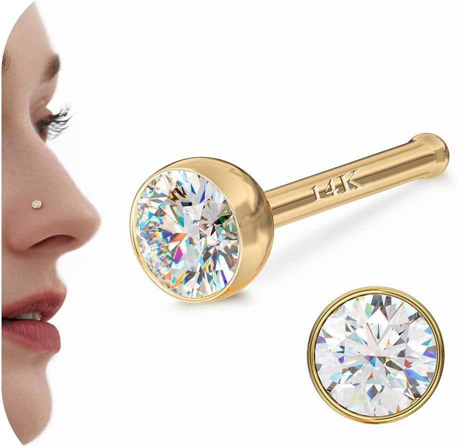 GEMQUEEN 14K Gold Nose Rings Studs : Solid Gold 18G 20G Straight Nose Rings Simulated Diamond CZ Nose Studs Hypoallergenic Nose Piercings for Women Men 1.5/2/3mm