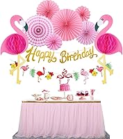 Vista 5 de Decoración de panal de abeja de flamenco, abanicos de papel rosa colgantes, pancartas de cumpleaños, decoraciones de remolinos
