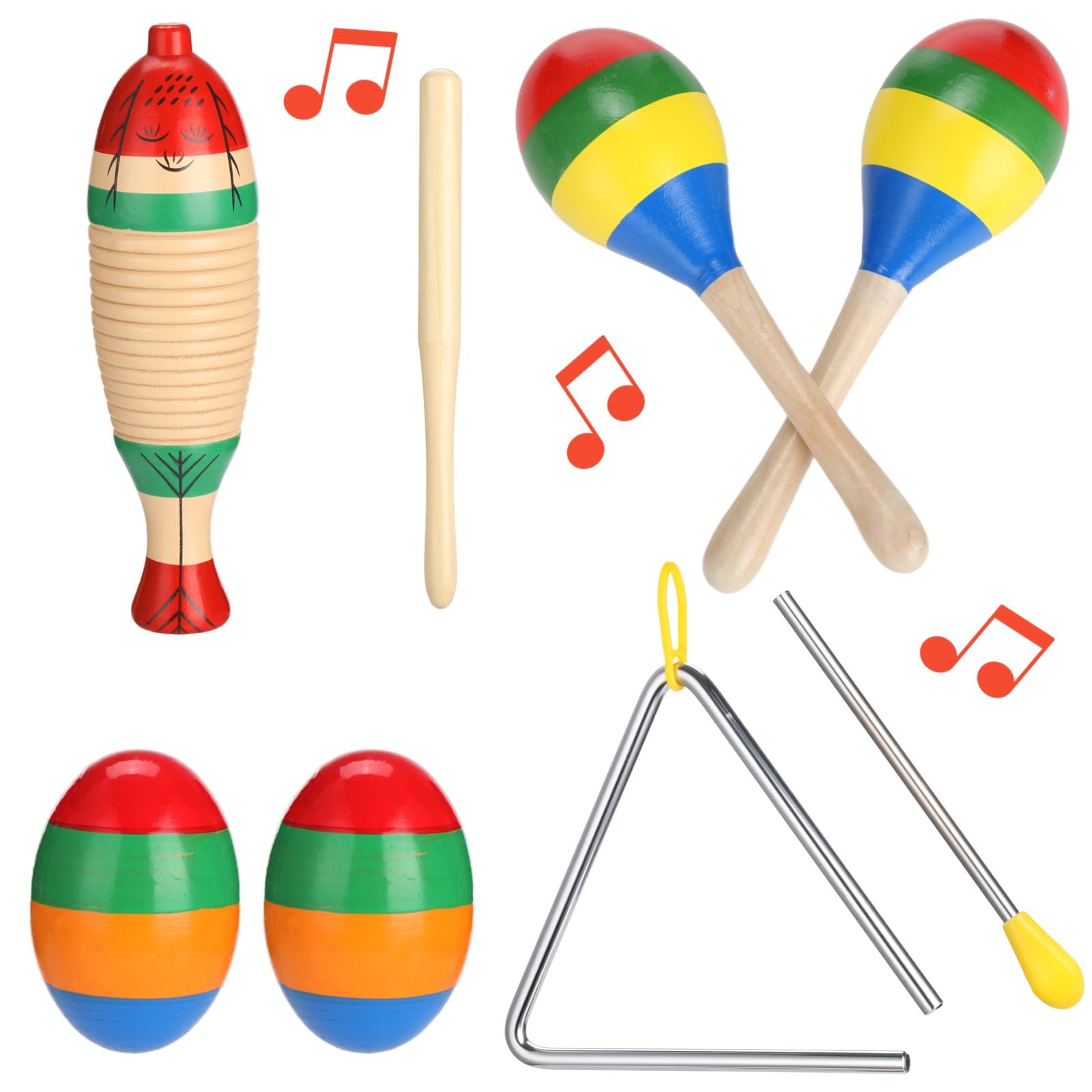 Juego de 7 instrumentos de percusión de madera y acero, con 2 guiros y mazas, 2 maracas, 2 cocteleras de huevo y 1 triángulo con mazo, instrumentos de ritmo para adultos y principiantes