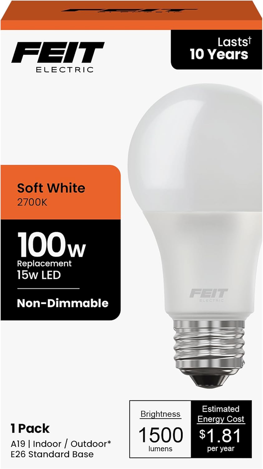 Feit Electric A19 LED Light Bulbs, 100W Equivalent, 1500 Lumens, E26 Base, 2700k Soft White, A19 LED Bulbs, General Purpose Light Bulbs, 11,000-Hour Lifetime, A1600/827/10KLED