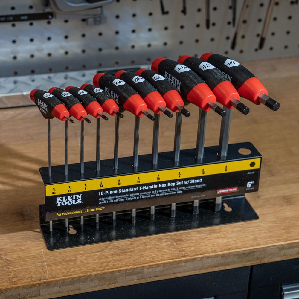 KLEIN TOOLS JTH610E Zestaw kluczy imbusowych SAE z uchwytem w kształcie litery T z ostrzami 6-calowymi, stojak w zestawie, 10-częściowy