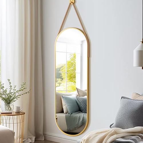 Miniatura 3 de Espejo ovalado de longitud completa de 16 x 48 pulgadas con correa de cuero, espejo colgante con marco de aluminio, espejos ovalados dorados para