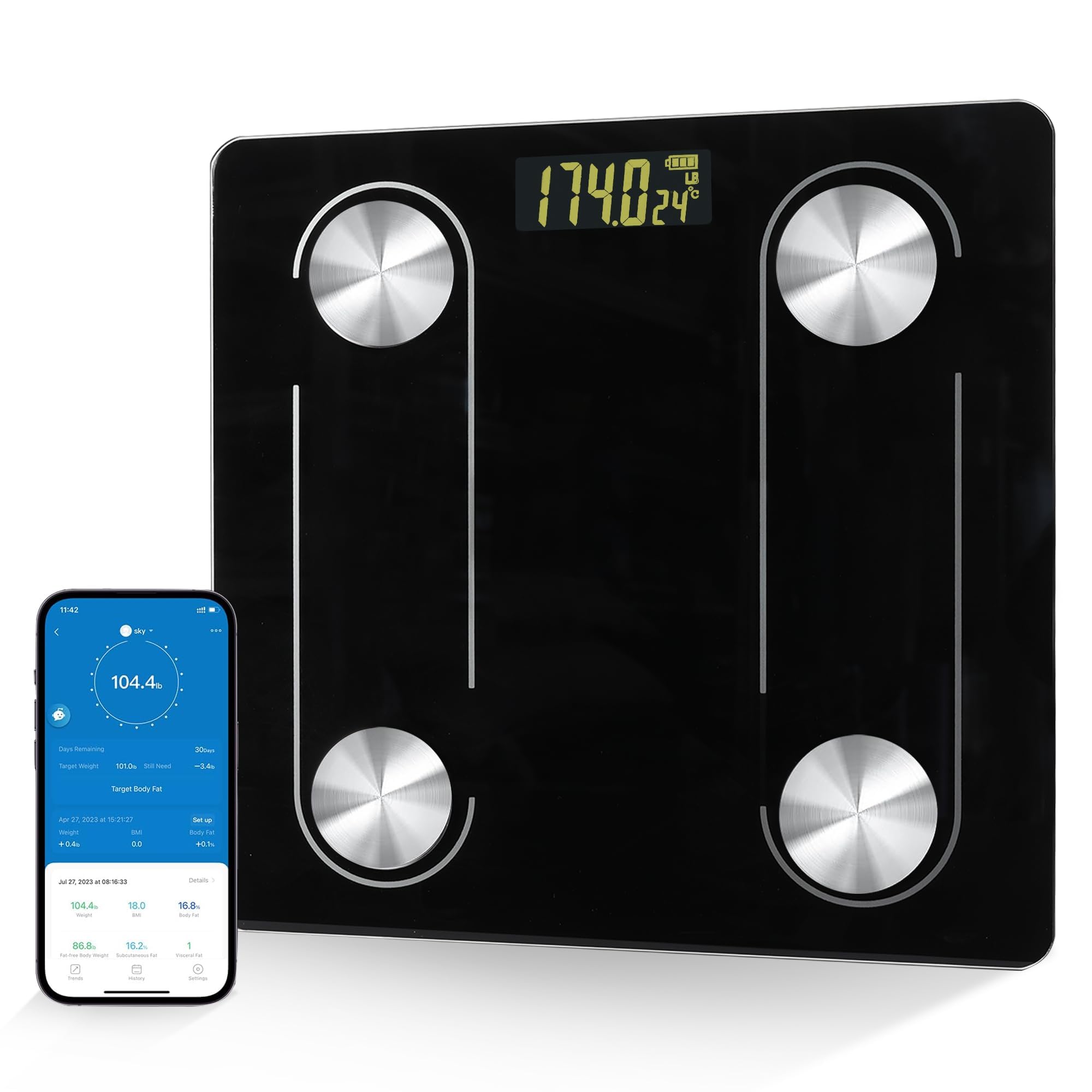 Digital Simple Scale with Led Display Practical Body Fat Scale Bathroom Scale with Smartphone App Black