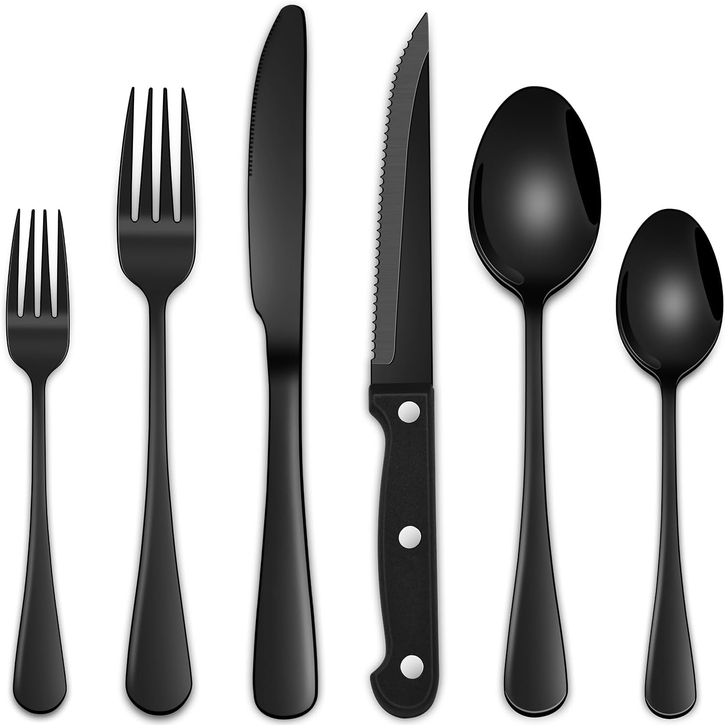 24-Piece Black Silverware Set with Steak Knives, Black Flatware Set for 4, Food-Grade Stainless Steel Tableware Cutlery Set, Mirror Finished Knife Spoon And Fork Sets for Home Restaurant