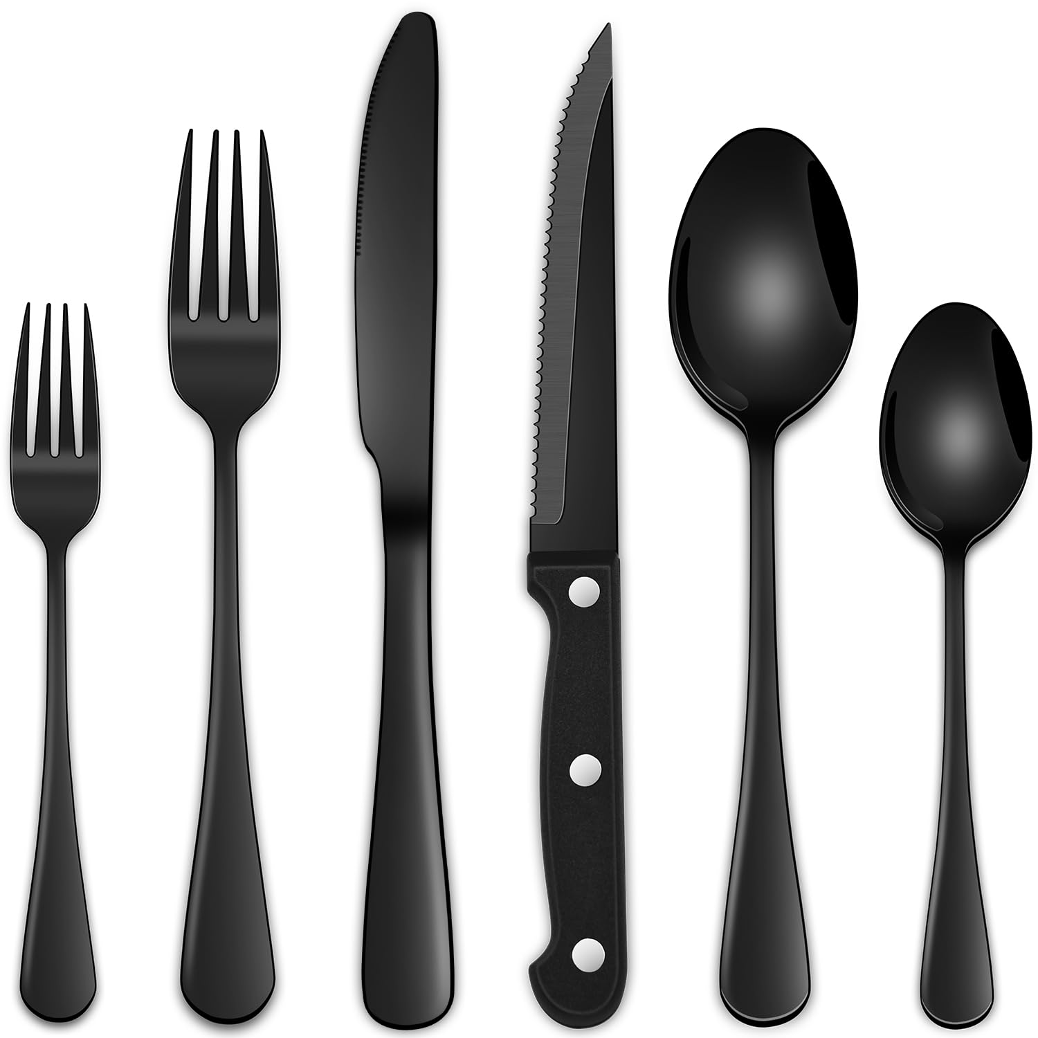 Photo 1 of 24-Piece Black Silverware Set with Steak Knives, Black Flatware Set for 4, Food-Grade Stainless Steel Tableware Cutlery Set, Mirror Finished Knife Spoon And Fork Sets for Home Restaurant