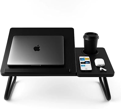 Laptop Bed Table with Foldable Legs & Cup Holder - Adjustable Folding Laptop Desk for Bed, Sofa, Floor or Office - Portable Lap Desk Tray with Book & Notebook Stand Black