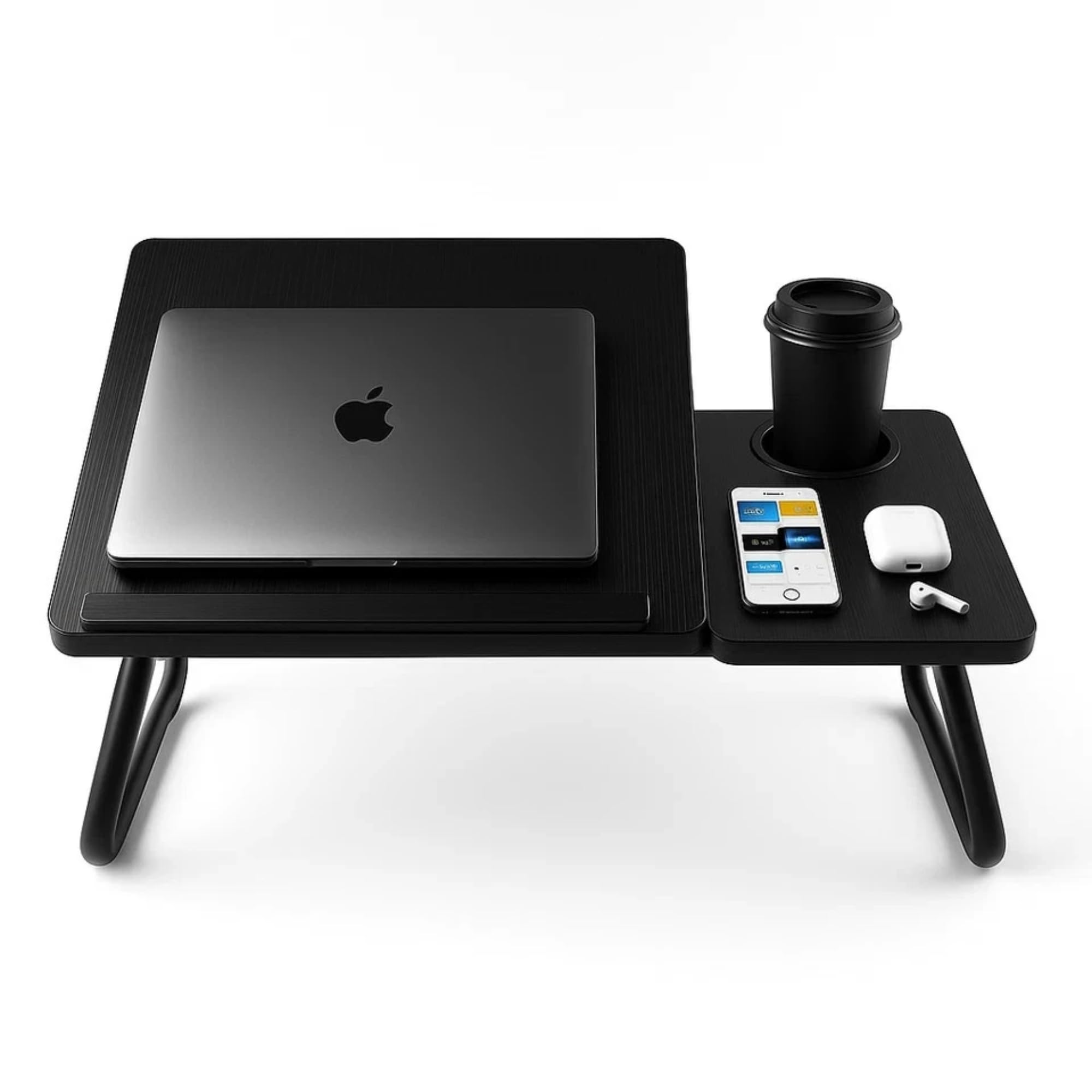 Laptop Bed Table with Foldable Legs & Cup Holder - Adjustable Folding Laptop Desk for Bed, Sofa, Floor or Office - Portable Lap Desk Tray with Book & Notebook Stand (Black)
