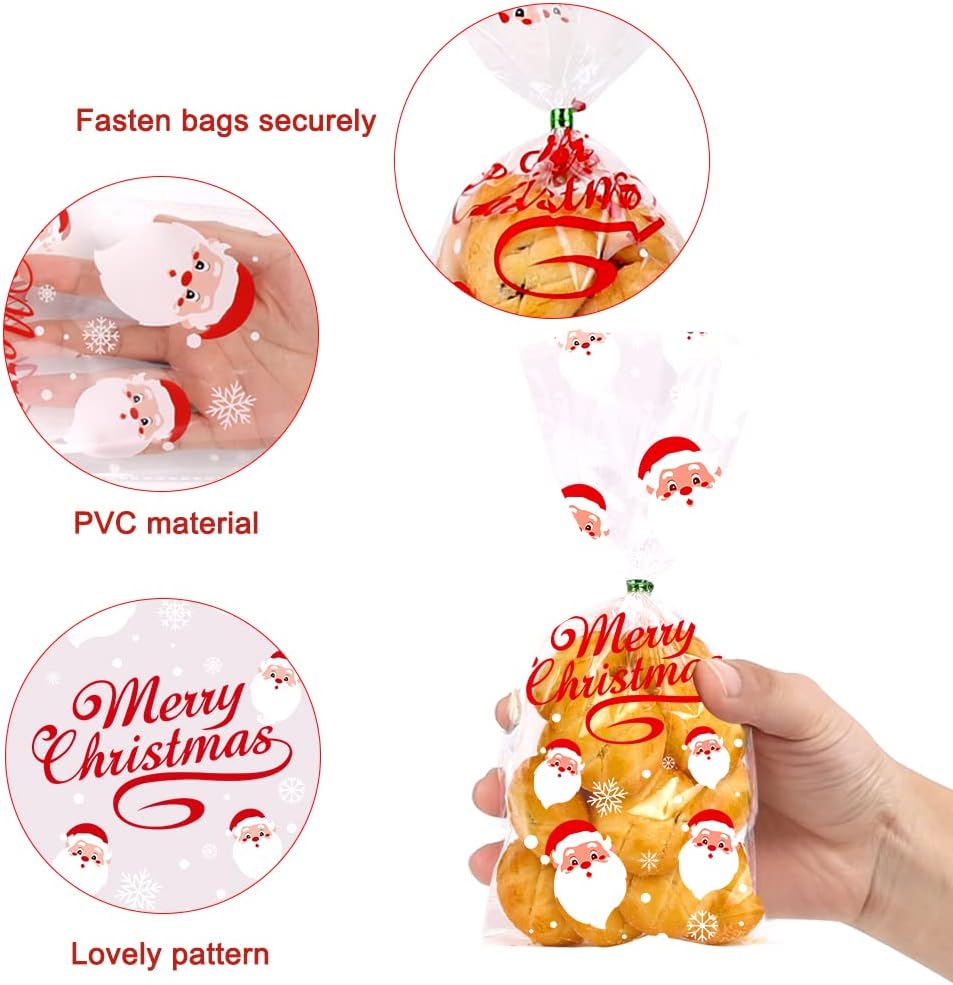 JOICEE 120PCS Christmas Cellophane Candy bags, Xmas Cello Treat Goody Bags with Ties for Christmas Holiday Party Favors