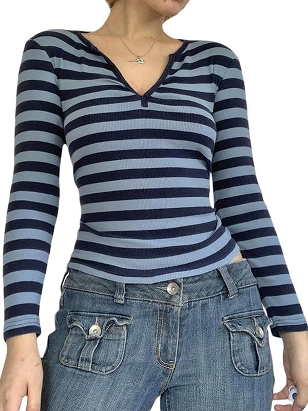 Image of Women Off Shoulder Striped Long Sleeve Top 2026 Fall Going Out Tee Shirts