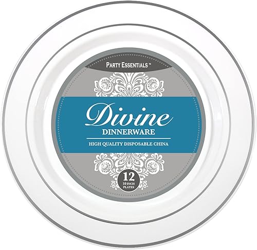 Miniatura 10 de Party Essentials 12 platos desechables de plástico duro de 9 pulgadas, platos de almuerzocena, color blanco con banda plateada