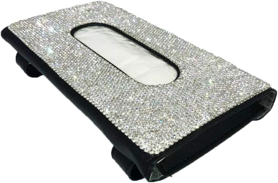 Pursuestar Black Leather Bling Bling Crystal Diamond Sun Visor Tissue Box Napkin Holder Paper Case Car Decor Accessories for Women