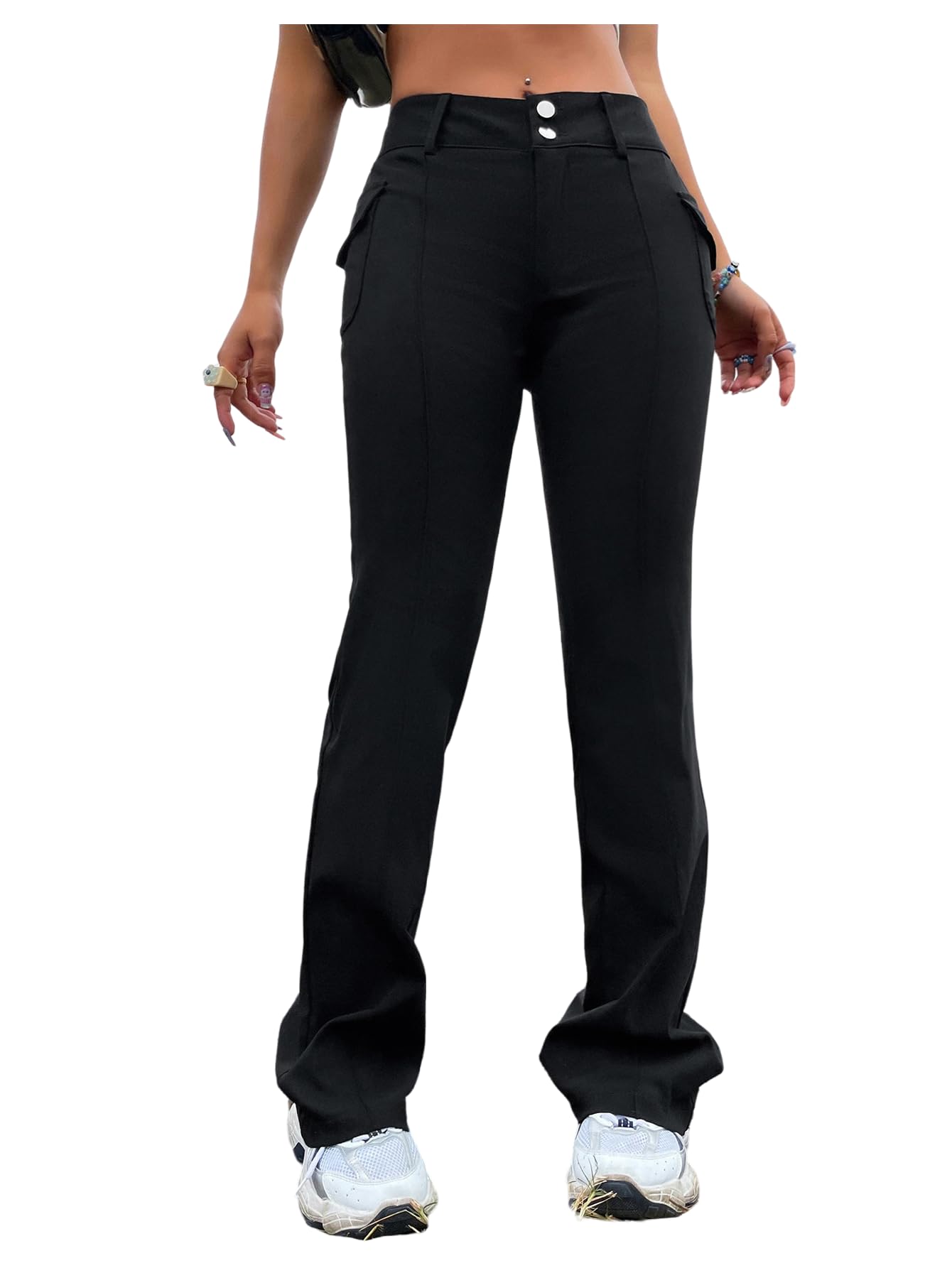 Floerns Womens Solid High Waisted Stretch Pants Straight Leg Pants with Flap Pockets