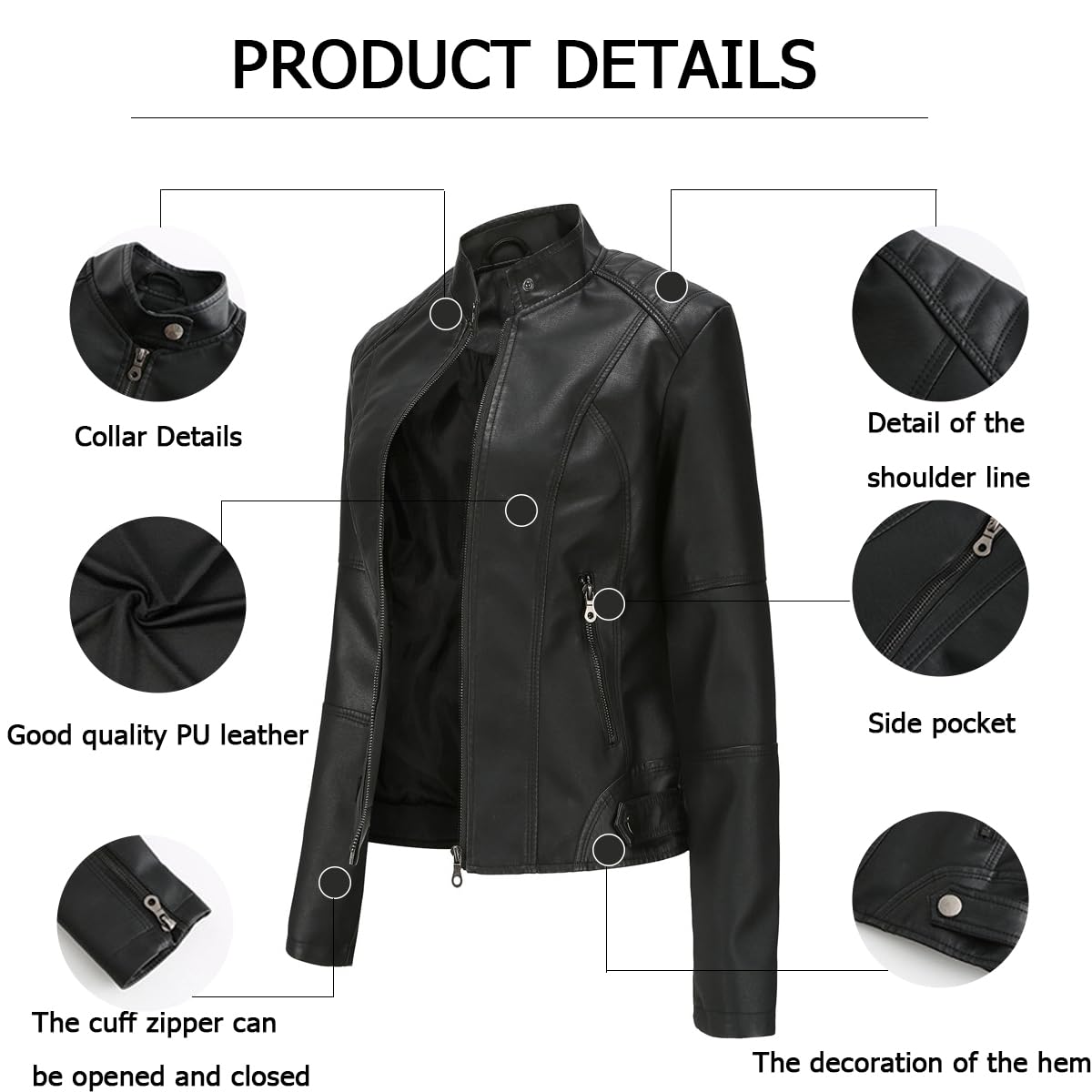 Hiseng Veste Simili Cuir Femme,Noir PU Femme Manteau de Moto Court et Décontracté, Manche Longue Veste Chic et Elegant,Printemps Automne Hiver Zipper Simili Cuir Blouson-S