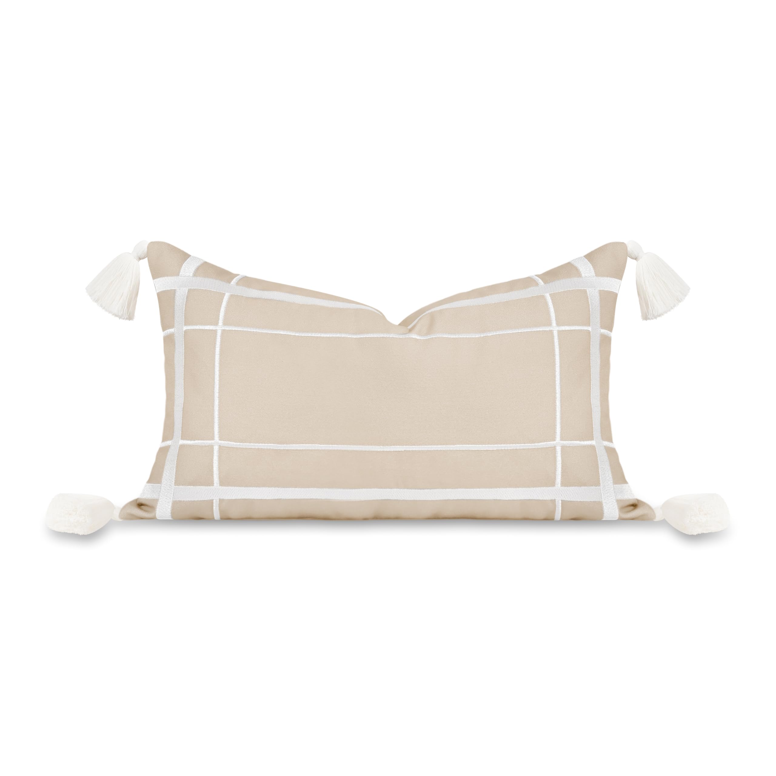 Hofdeco Premium Coastal Patio Indoor Outdoor Lumbar Pillow Cover Only, 12"x20" Water Repellent for Backyard, Couch, Neutral Tan Embroidered Line Frame