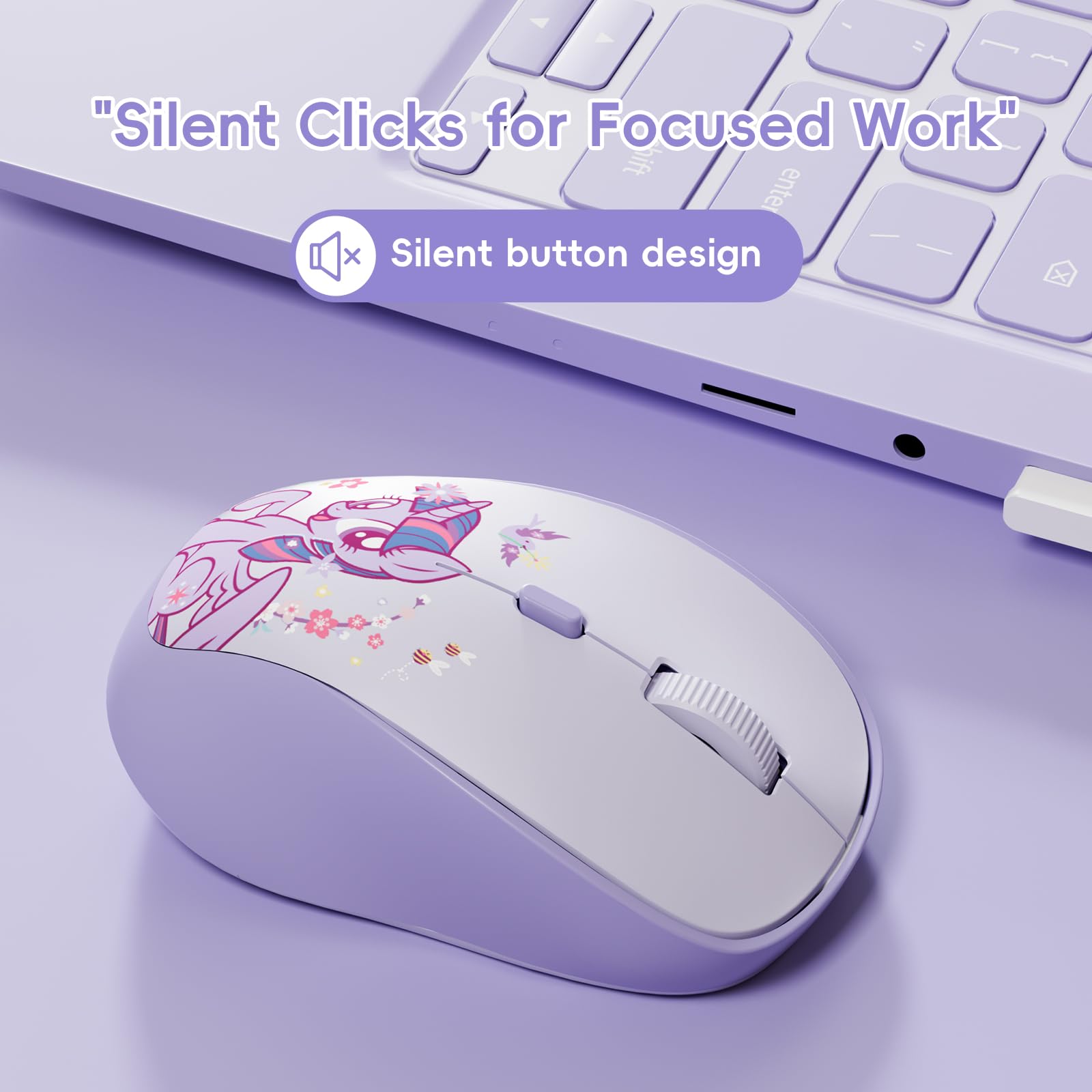 My Little Pony Twilight Sparkle Mouse wireless – Mouse silenzioso a 4 pulsanti con 3 DPI regolabili (1000/1200/1600), 2,4 GHz wireless per Windows/Mac, design compatto ed ergonomico, viola
