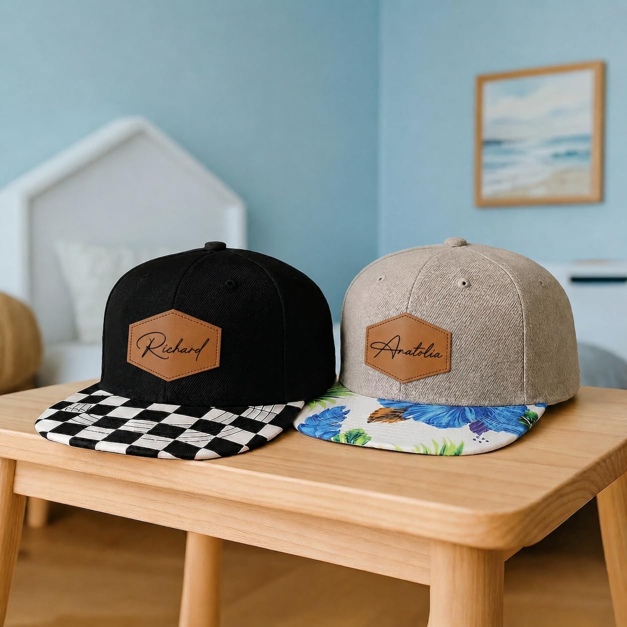 Custom Kids Snapback Trucker Hat with Leather Name Patch – Adjustable Mesh Cap for Boys, Girls & Adults - Matching Hats image 2