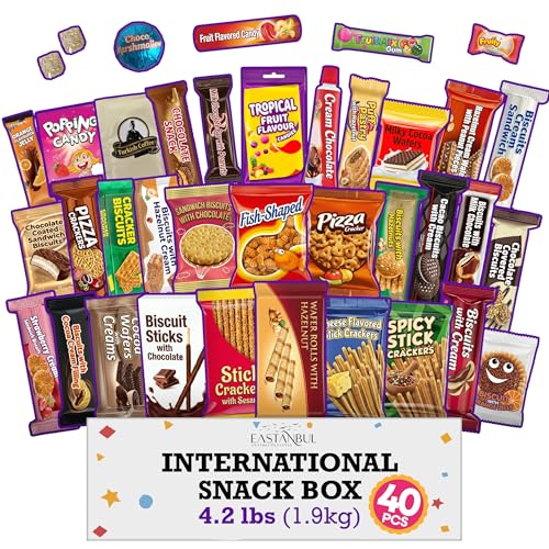 Eastanbul International Snack Box, Premium 40 Full-Size Foreign Snack Box, From Around The World International, Sweet, Savory, Chewy, Crunchy, Gift for Christmas
