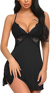 BELLEVINO Women's Mid Thigh Length Babydoll Dress Solid Chemise Ruffle Lingerie Set V-Neck Sleeveless Honeymoon Nightwear ... Price In India