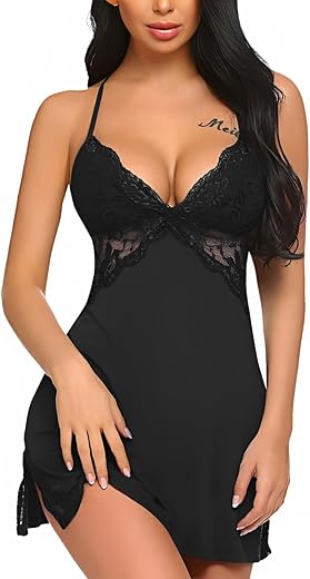 BELLEVINO Women's Mid Thigh Length Babydoll Dress Solid Chemise Ruffle Lingerie Set V-Neck Sleeveless Honeymoon Nightwear ...