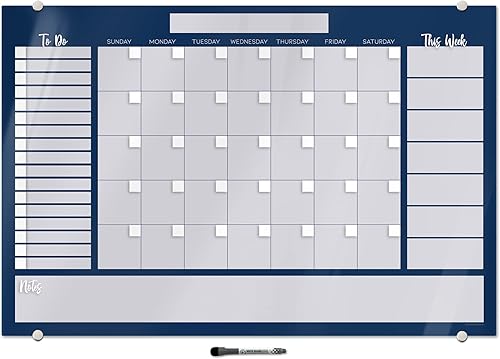 Pizarra blanca de cristal de borrado en seco, centro de comando de calendario todo en uno, marcador de borrado en seco de punta fina incluido, 24 x