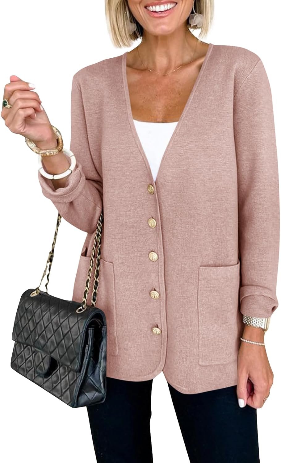 Saodimallsu Womens V Neck Cardigan Button Loose Knit Sweater Blazer Open Front Elegant Cardigans with Pockets