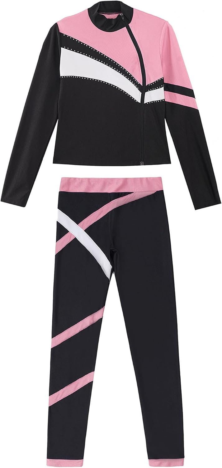 Hansber Kids Girls 2 Piece Figure Skating Tracksuit Ice Skating Tights Outfits Side Zipper Sweatshirt and Leggings Set