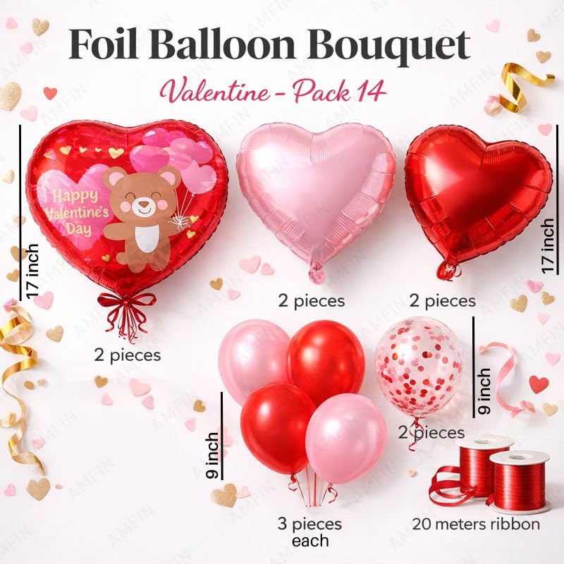 Image of AMFIN (Pack of 14) Happy Valentine's Day Balloon Decoration Set | Romantic Heart Foil Bouquet Metallic Helium Bunch Proposal Anniversary Celebration Party Decor - Red Teddy