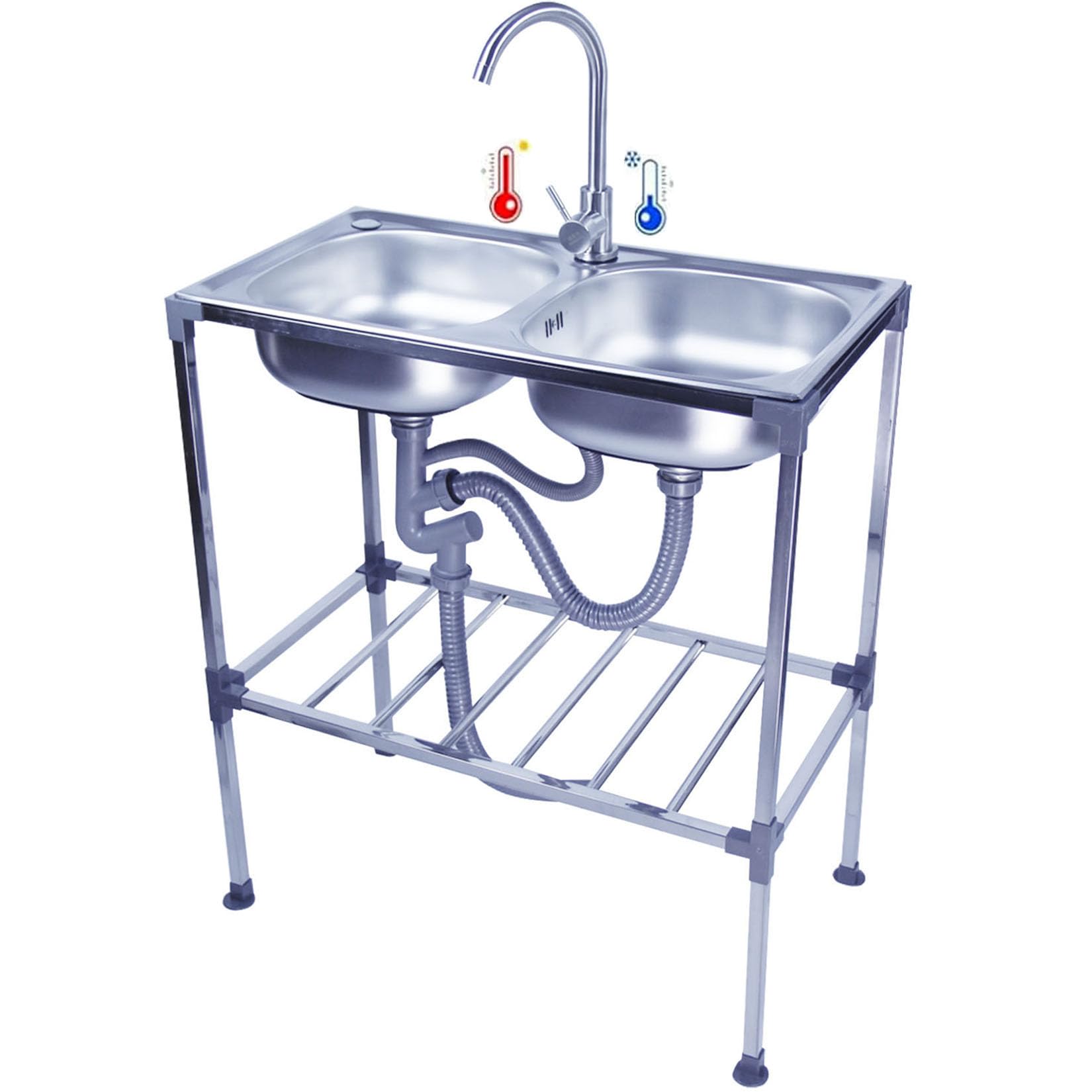 TAXXII Double Bowl Stainless Steel Utility Sink - Freestanding Outdoor Portable Kitchen for Home, Bar, Laundry, Basement, Garage Easy to Install, Commercial Restaurant Use