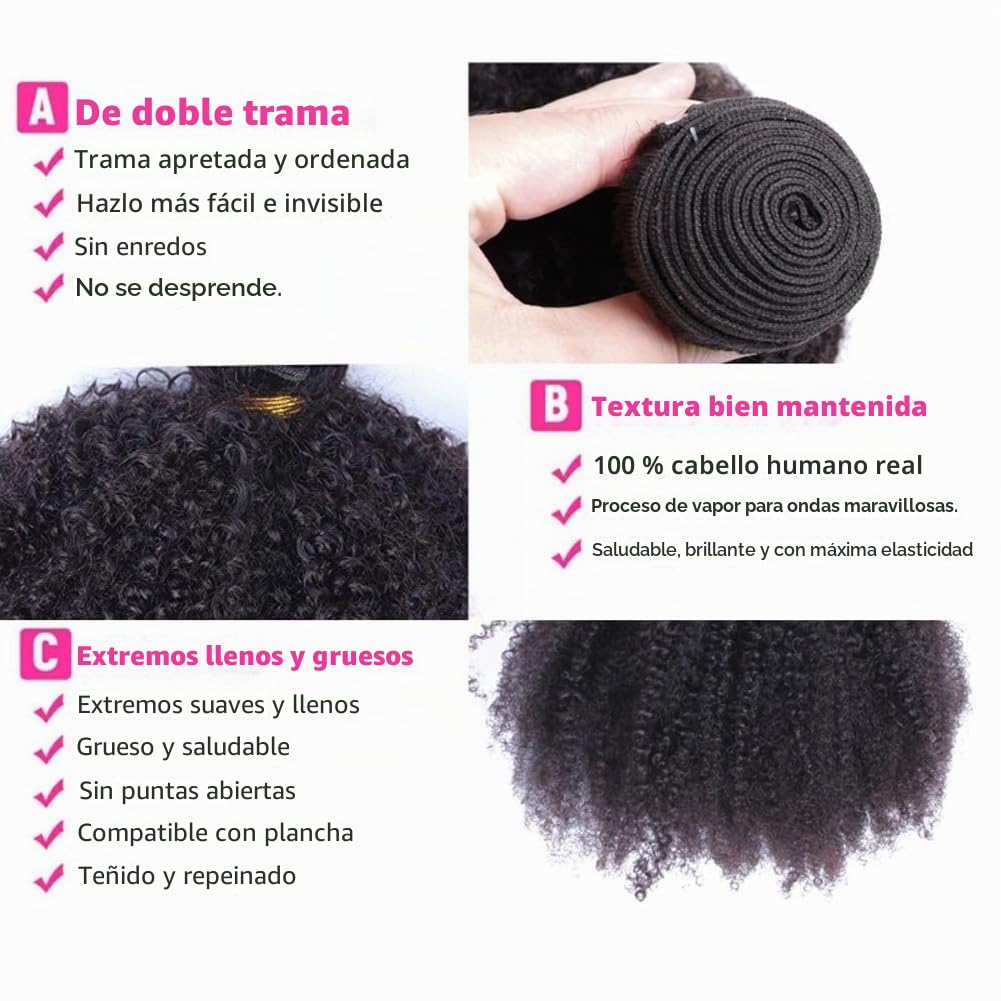 Extensiones de Cabello Humano Afro Kinky Curly Bundles Human Hair 4B 4C 3 Paquetes de Rizado 100% Sin Procesar Virgen Brasileña Afro Rizado Extensiones de Cabello Natural Color Negro 8 10 12 Inch