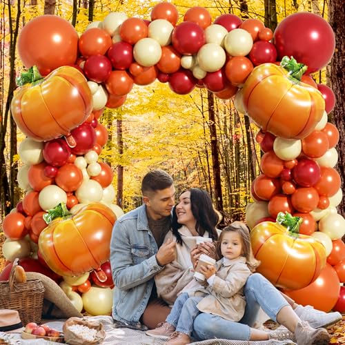 Image of Fall Balloon Arch Garland Kit 153pcs with Pumpkins, Thanksgiving Balloons Arch Kit Burnt Orange Burgundy Yellow Balloons Different Sizes for Little Pumpkin Birthday Baby Shower Decoration