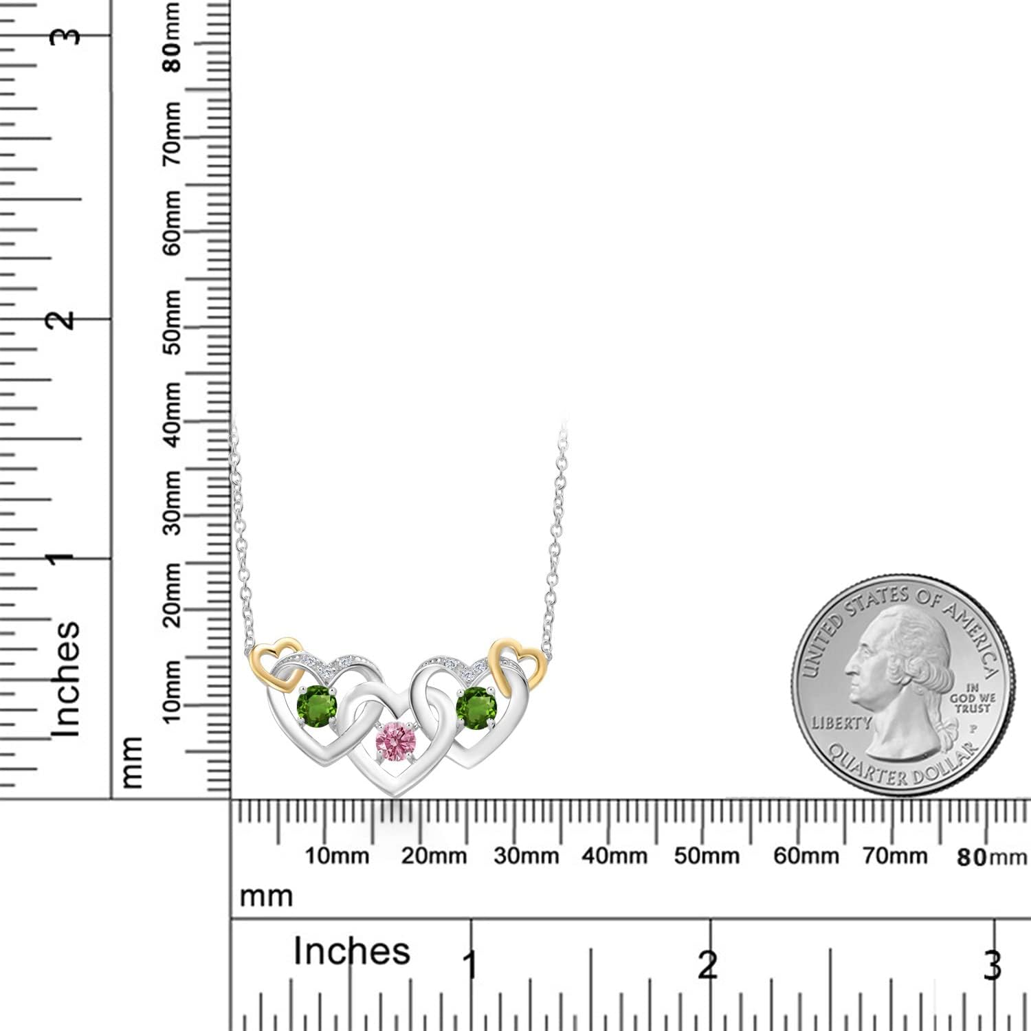 Gem Stone King 925 Silver and 10K Yellow Gold Pink Lab Grown Diamond Green Tourmaline Heart Shape Pendant Necklace For Women (0.81 Cttw, with 18 Inch Chain) - Image 3