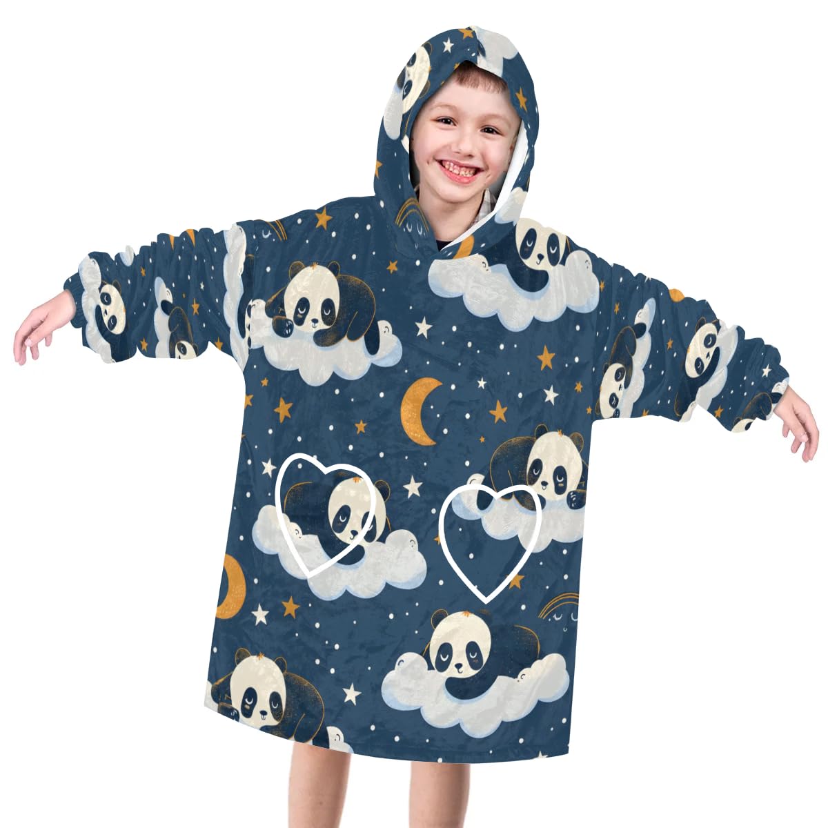 Wearable Blanket Hoodie for Kids, Lazy-looking Panda Fleece Sweatshirt Blanket Oversized Blanket Sweatshirt with Pocket Flannel Warm Hooded Blanket 6-10 Year Old Girl Boy Gift, One Size