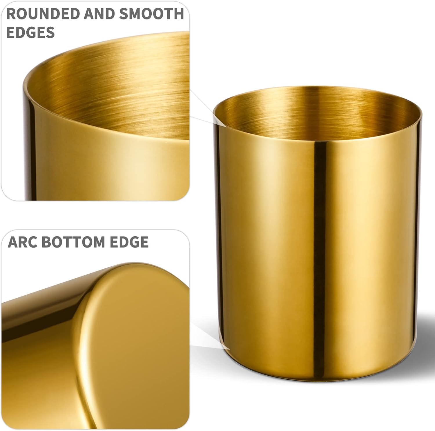 Set of 2 Golden 304 Stainless Steel Mirror-Polished Round Pen Holder – Nordic Style Pencil Cup & Makeup Brush Organizer for Office, Home, Kitchen, Bathroom, and Vanity