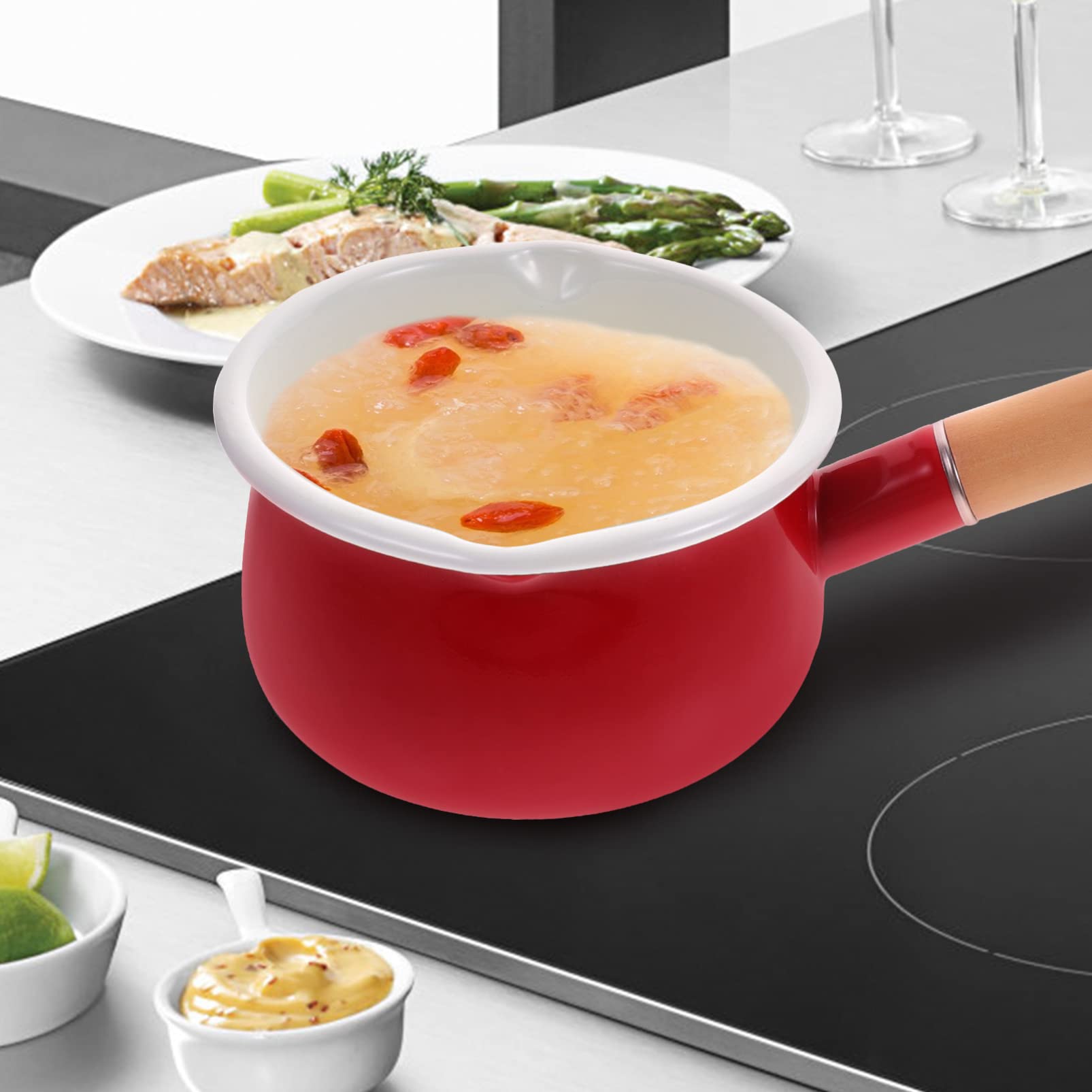 Ciieeo Cacerola de Leche Esmaltada Antiadherente para Calentar Salsas y Alimentos Infantiles, Mango de Madera Resistente al Calor, Adecuado para Estufas Eléctricas y Cocina Doméstica