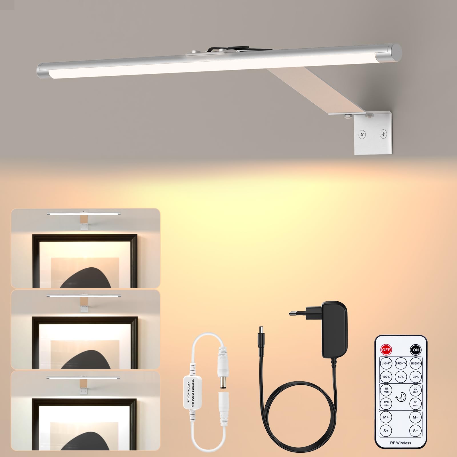 LABOREDUCER Applique murale LED argentée avec câble Plug in Télécommande Intensité variable 3000 K Blanc chaud Minuterie rotative Moderne Intérieur Aluminium 32 cm Éclairage d'image à intensité