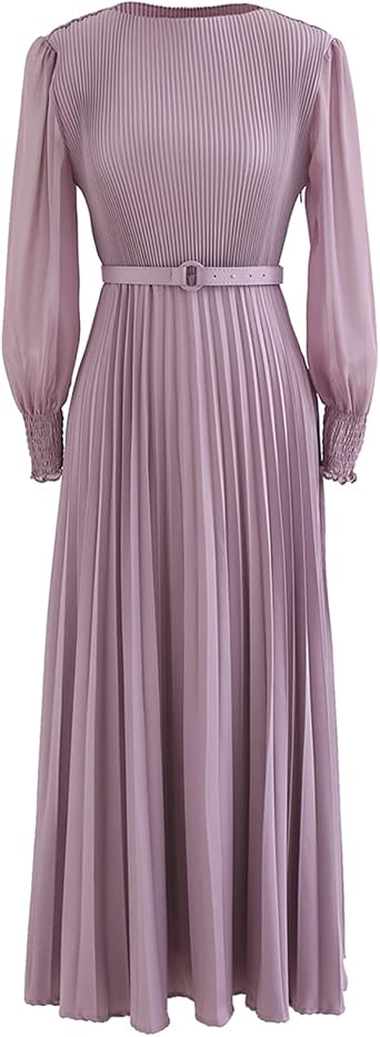 CHICWISH Womens Lilac/Yellow/Dark Green/Tan Full Pleated Belted Maxi Dress