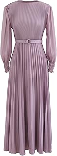 Women's Lilac/Yellow/Dark Green/Tan Full Pleated Belted Maxi Dress - Buy now