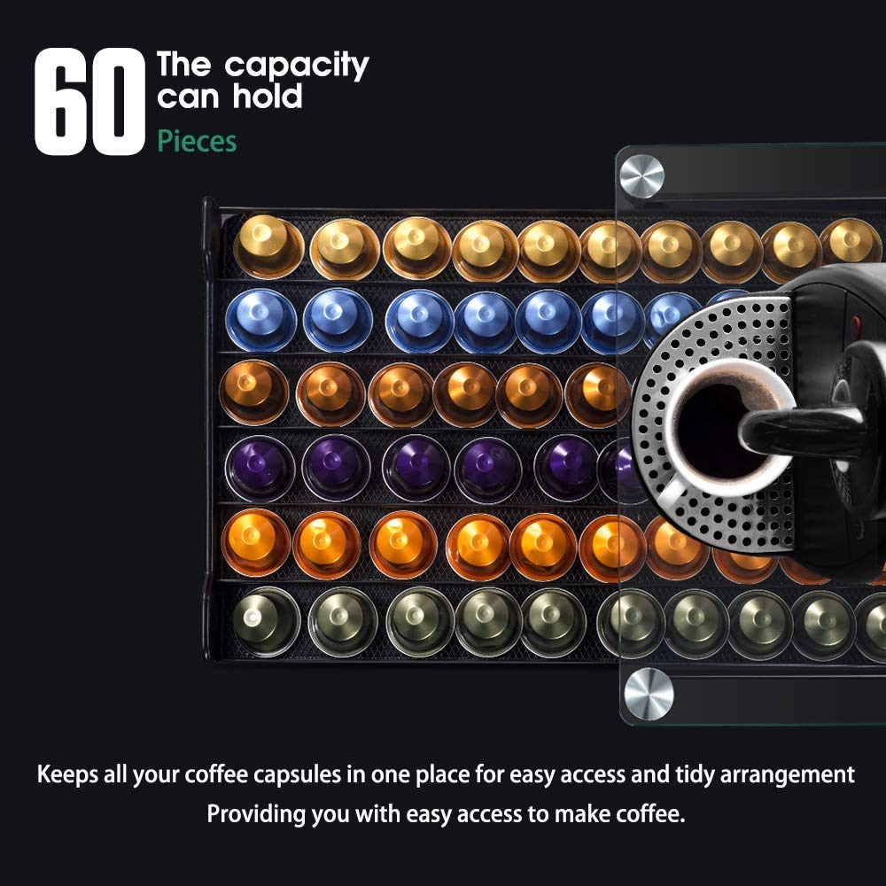 Masthome Porte Capsule de Café pour Nespresso 60 Capsules, Tiroir de Rangement avec Présentoir en Verre, Distributeur Capsules Antidérapant et Transparent avec Tiroir Métallique, Noir